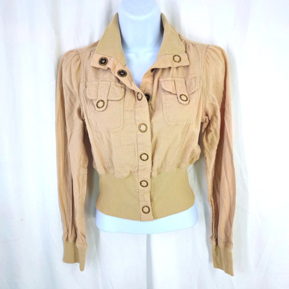 Vintage y2k SO Tan Button Up‎ Utility Short Linen Jacket Snap Ribbed Waist Med